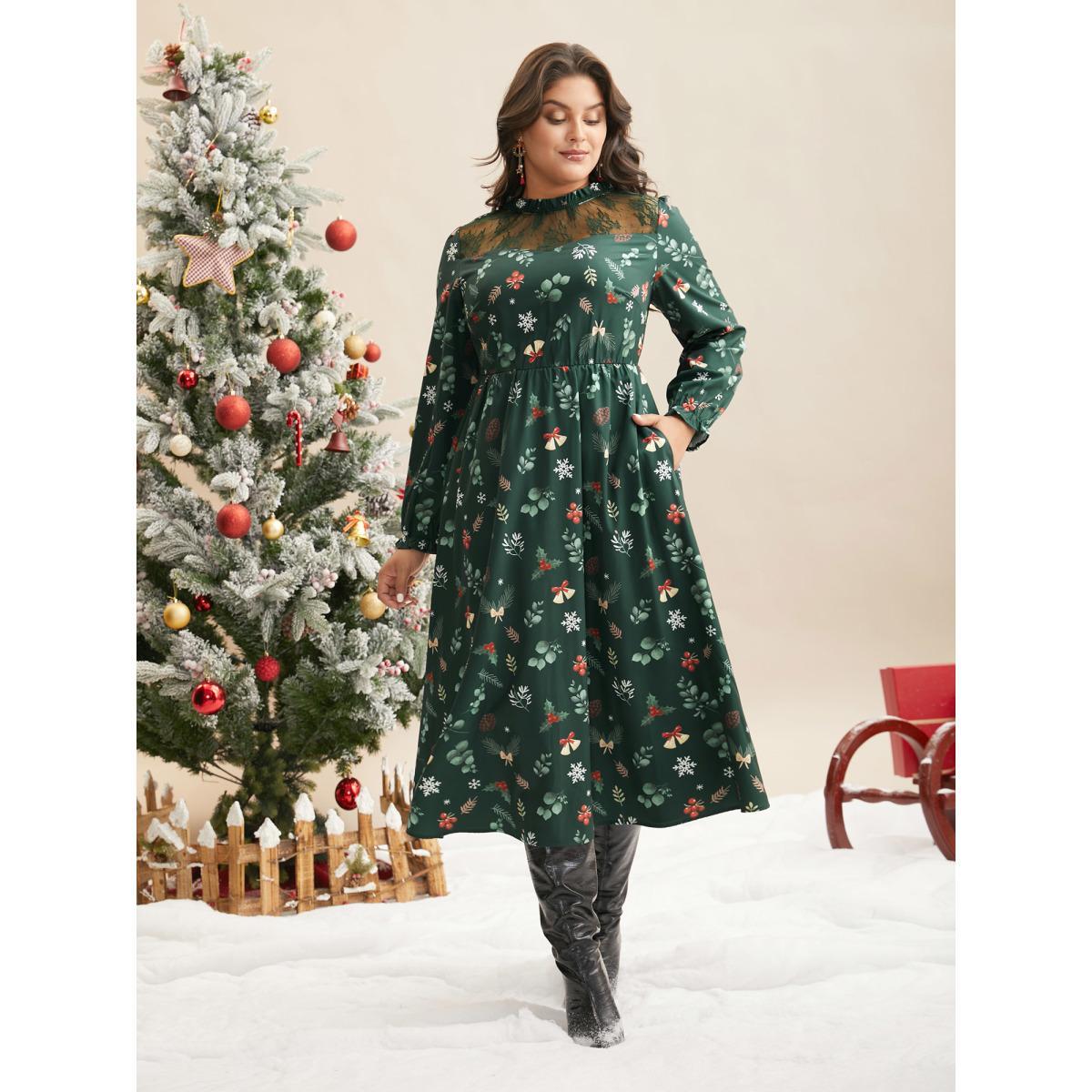 Plus Size Lace Trim Sheer Neckline Midi Dress Truegreen Women Elegant Woven ribbon&lace trim Mock Neck Long Sleeve Curvy BloomChic 10/M Product Image