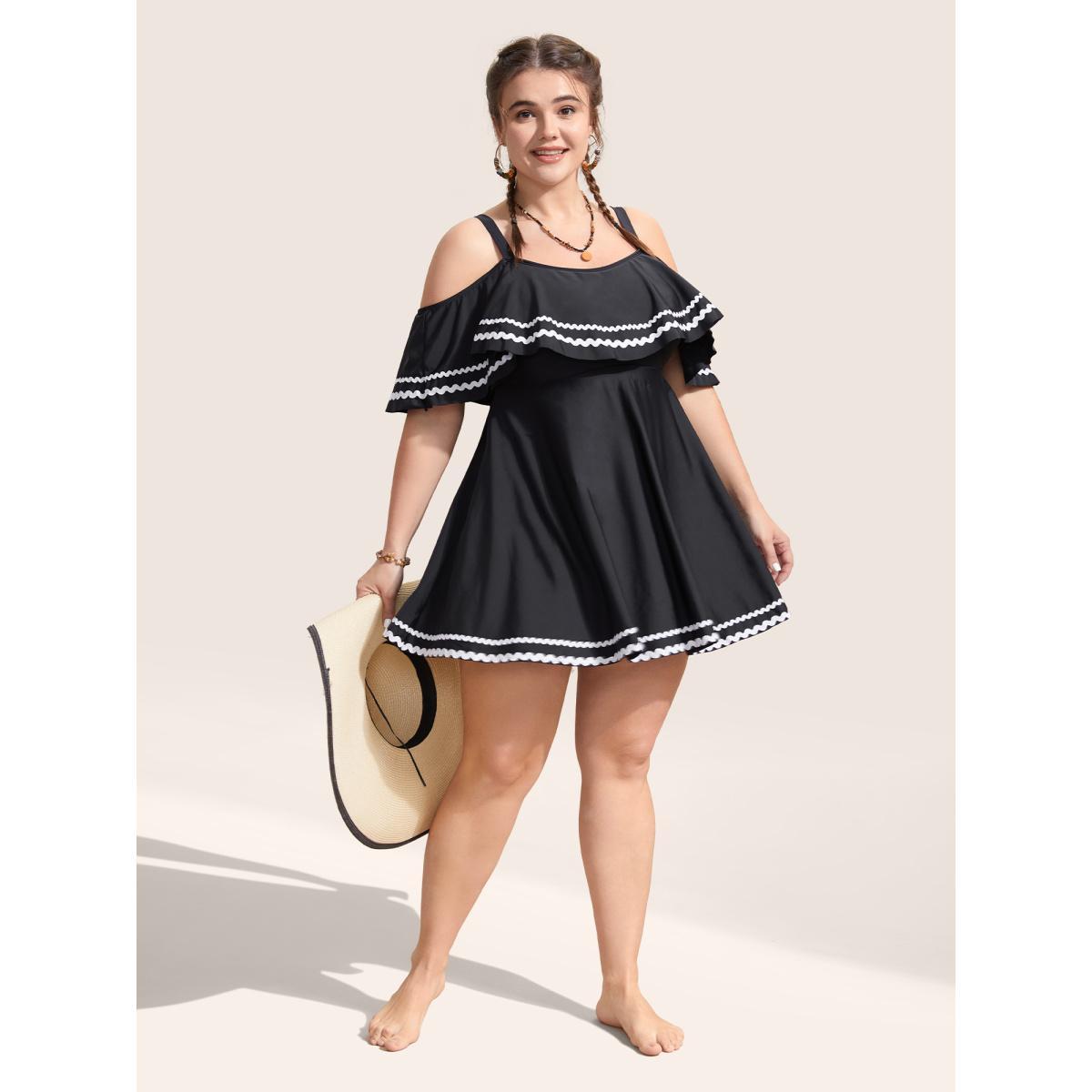 Plus Size One Shoulder Neck Woven Ribbon Swim Dress Women's Swimwear Black Beach Bodycon One-shoulder neck High stretch Curve Swim Dresses BloomChic 14-16/1X Product Image