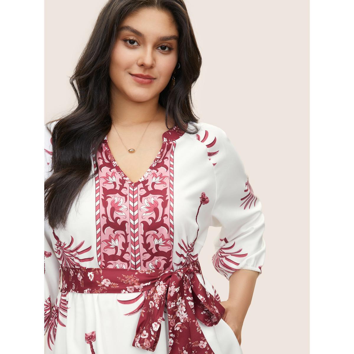 Plus Size Boho Print Notched Belted Gathered Lantern Sleeve Dress Red Women Resort Non Notched collar Long Sleeve Curvy Midi Dress BloomChic 18-20/2X Product Image