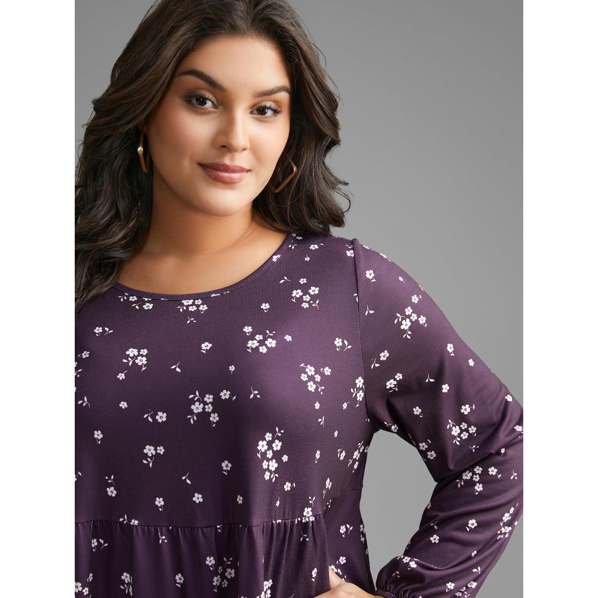 Plus Size Ditsy Floral Gathered Ruffle Hem T-shirt Eggplant Women Casual Gathered Natural Flowers Round Neck Loose Everyday T-shirts BloomChic 28/5X Product Image
