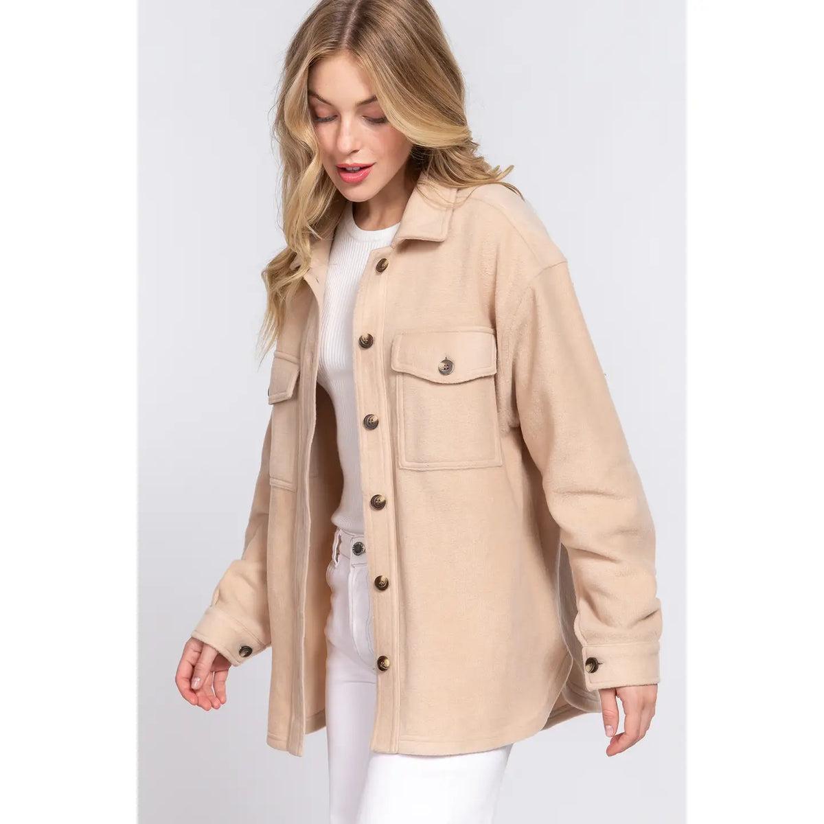 Beige Long Sleeve Notched Collar Front Pocket Fleece Jacket Product Image