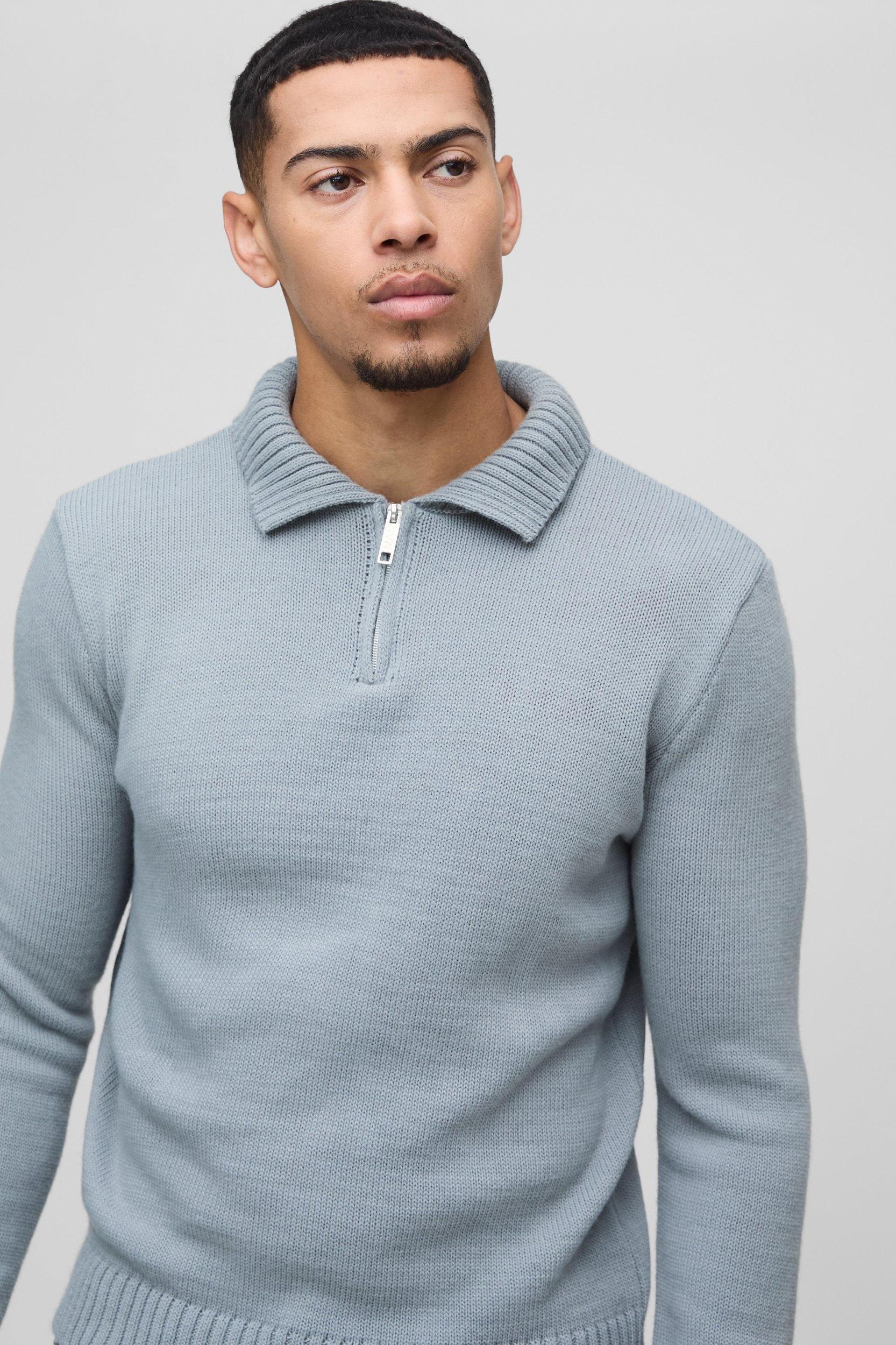 Regular Fit Long Sleeve Zip Neck Knitted Polo | boohooMAN USA Product Image