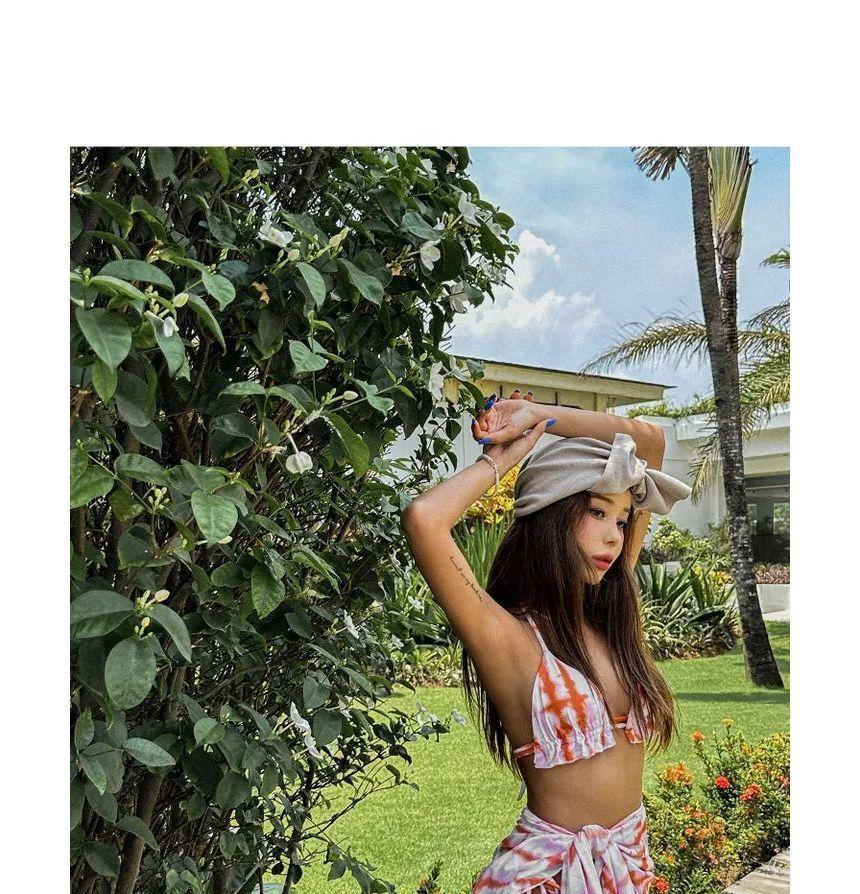 Set: Tie-Dyed Halter Bikini Top + Bottom + Cover-Up Skirt Product Image