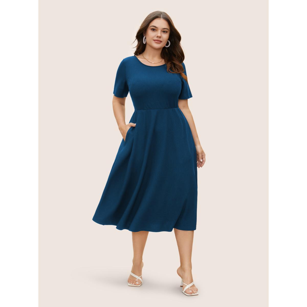 Plus Size Round Neck Contrast Back Bowknot Midi Dress DarkBlue Women Elegant Tie knot Round Neck Short sleeve Curvy BloomChic 12/L Product Image