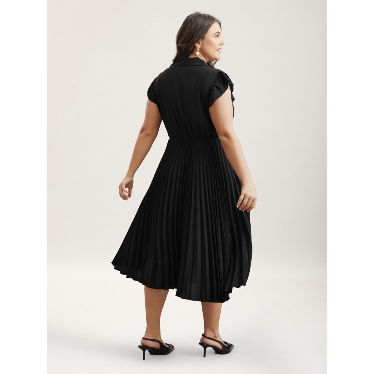 Plus Size Pleated Shirt Collar Solid Midi Dress Black Women At the Office Pleated Shirt collar Cap Sleeve Curvy BloomChic 14-16/1X Product Image
