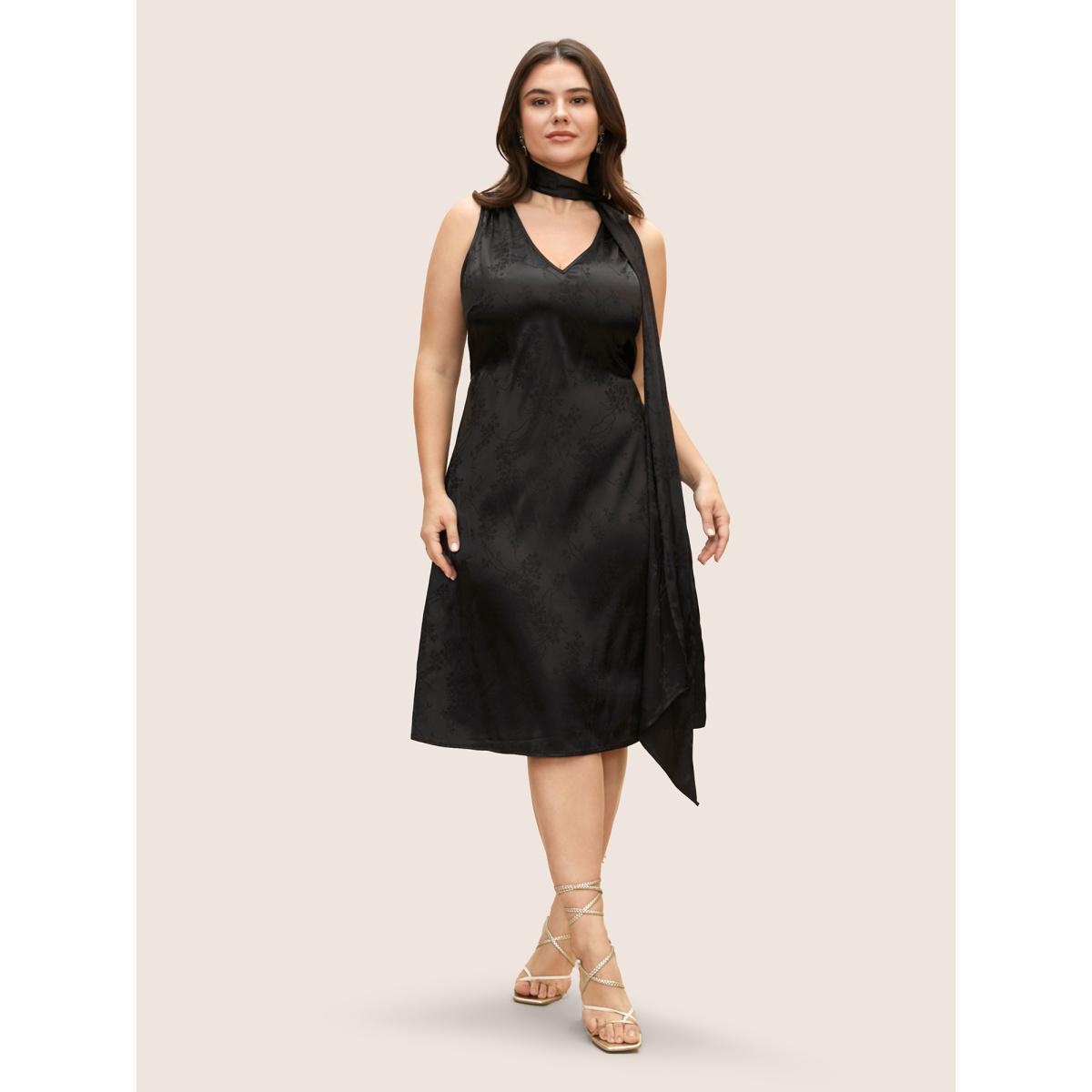 Plus Size Satin Floral Halter Elastic Waist Dress Black Women Cocktail Tie knot V-neck Sleeveless Curvy BloomChic 18-20/2X Product Image