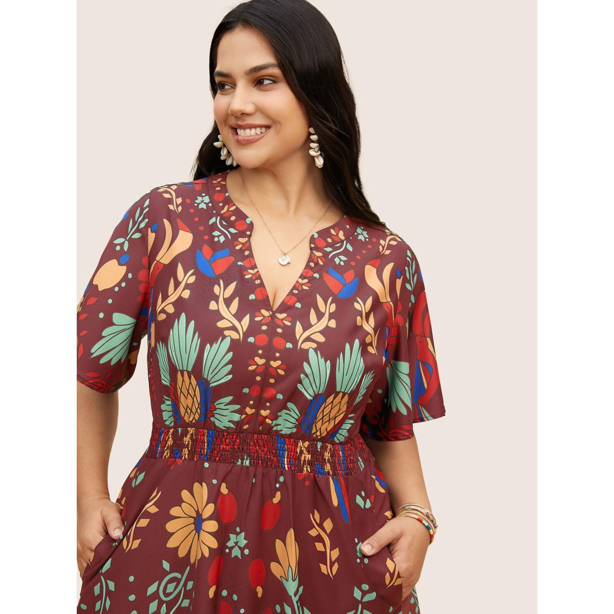 Plus Size Bandana Print Shirred Elastic Waist Flutter Sleeve Dress Burgundy Women Resort Shirred Flat collar with V-notch Short sleeve Curvy BloomChic 14-16/1X Product Image