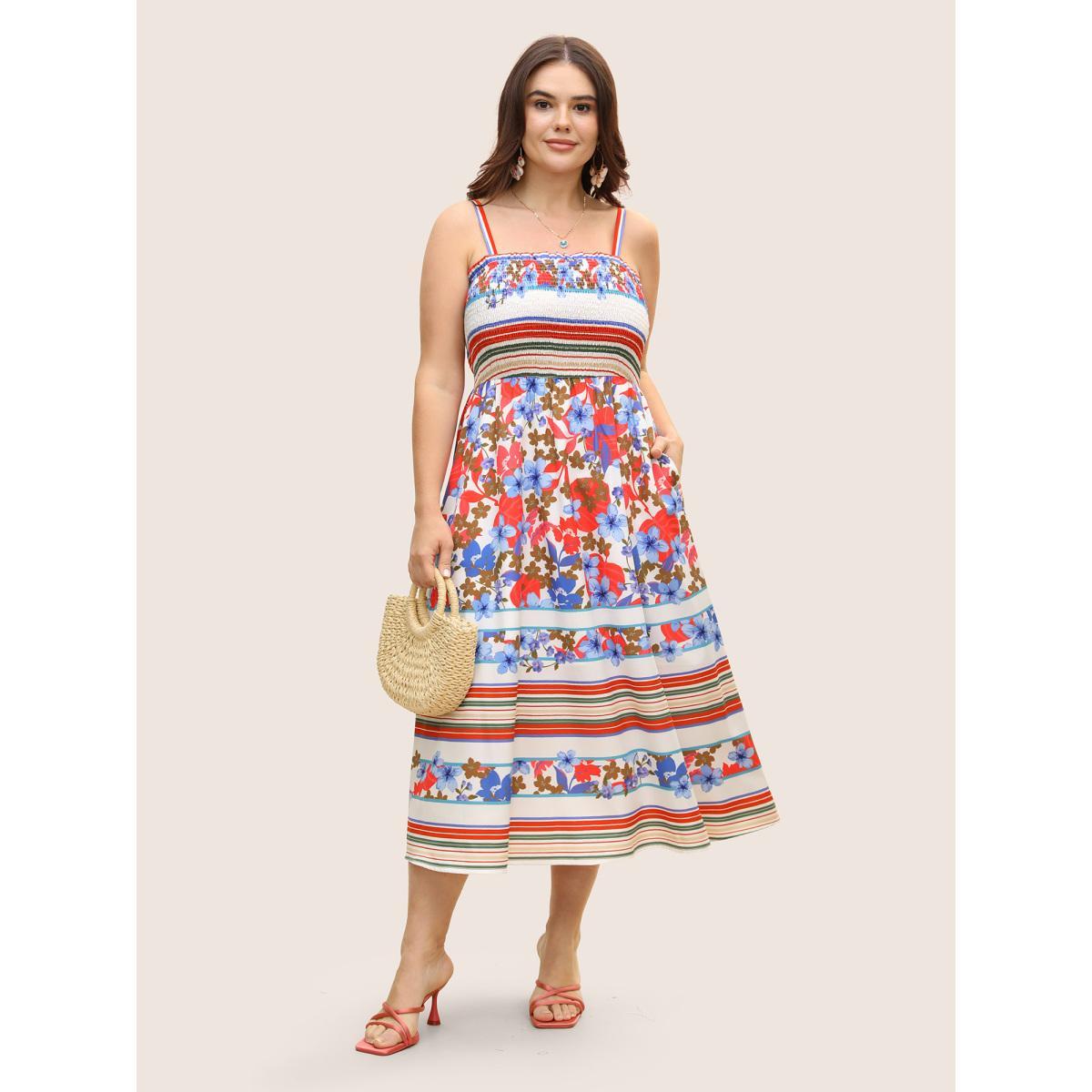 Plus Size Floral Print Shirred Cami Midi Dress Originalwhite Women Resort Square Neck Sleeveless Curvy BloomChic 12/L Product Image