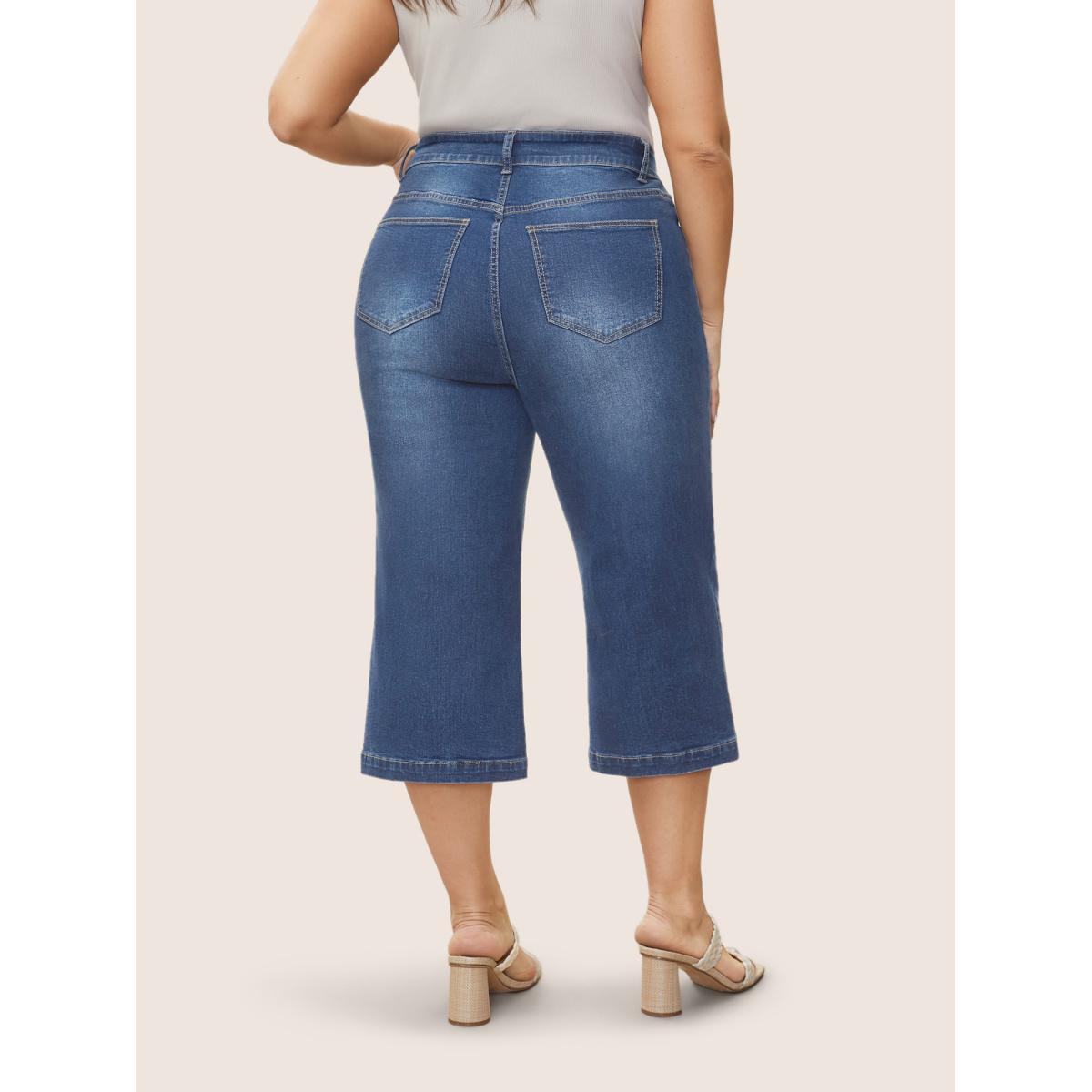 Plus Size Medium Wash Wide Leg High Stretch Jeans Women Midblue Casual Plain Button High stretch Slanted pocket Jeans BloomChic 26/4X Product Image