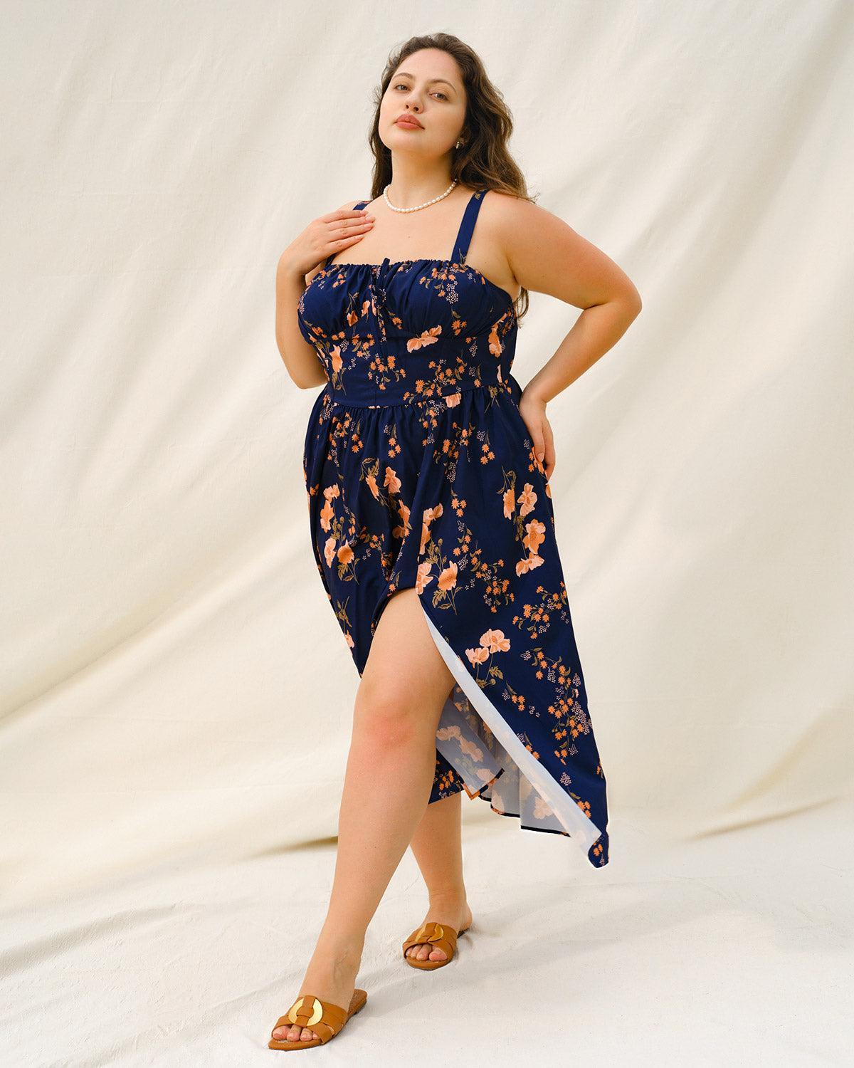 Navy Floral Ruched Plus Size Slip Midi Dress Product Image