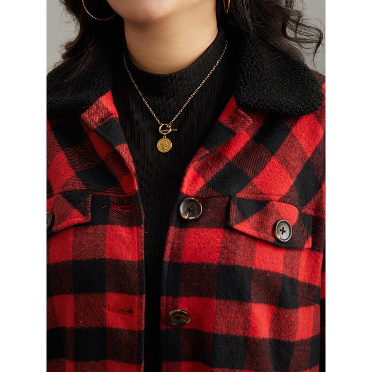Plus Size Plaid Button Through Patchwork Contrast Shacket Women Red Casual Contrast Ladies Dailywear Winter Coats BloomChic 30/6X Product Image