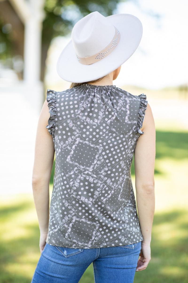 Olive Ruffle Trim Paisley Patchwork Tank Product Image