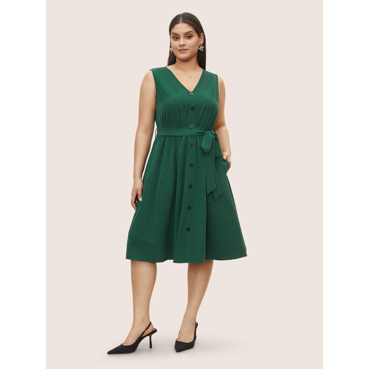 Plus Size Plain Textured Button Detail Belted Tank Dress Emerald Women Workwear Essentials Belted V-neck Sleeveless Curvy BloomChic 18-20/2X Product Image