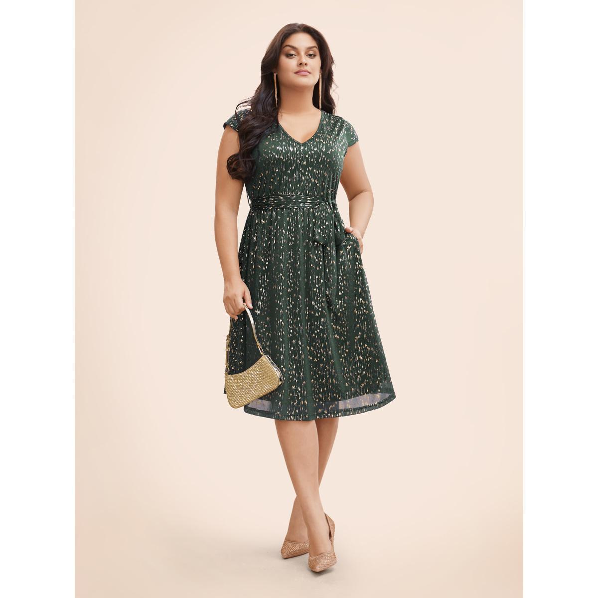 Plus Size Glitter Geometric Cap Sleeve Belted Dress DarkSlateGray Women Cocktail Texture V-neck Cap Sleeve Curvy BloomChic 14-16/1X Product Image