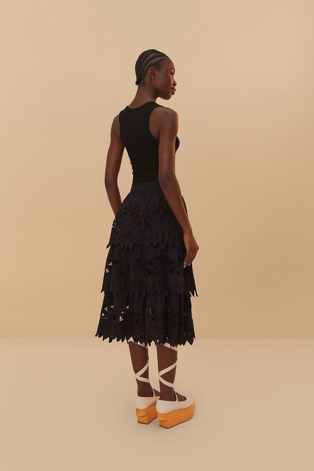 Black Daisy Embroidered Midi Skirt Product Image