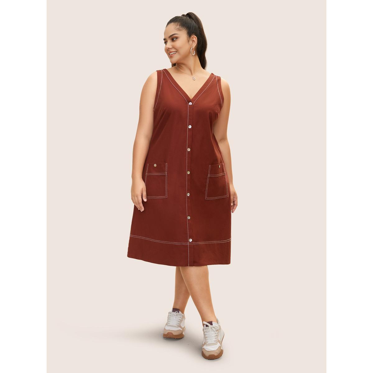 Plus Size Contrast Trim Patch Pocket Tank Dress Maroon Women Casual V-neck Sleeveless Curvy BloomChic 14-16/1X Product Image