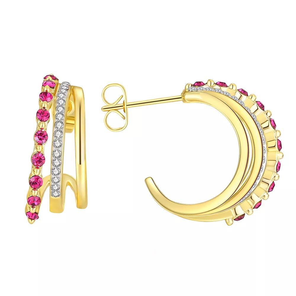 Chrystina 14k Gold Plated White & Red Crystal Triple Row C-Hoop Earrings, Women's, Gold Tone Product Image