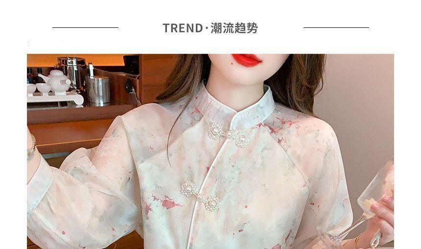 3/4-Sleeve Mandarin Collar Floral Frog Button Blouse Product Image