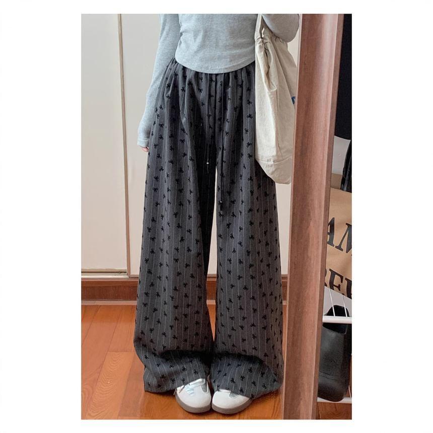 High Waist Bow Print Striped Loose-Fit Wide-Leg Pants Product Image