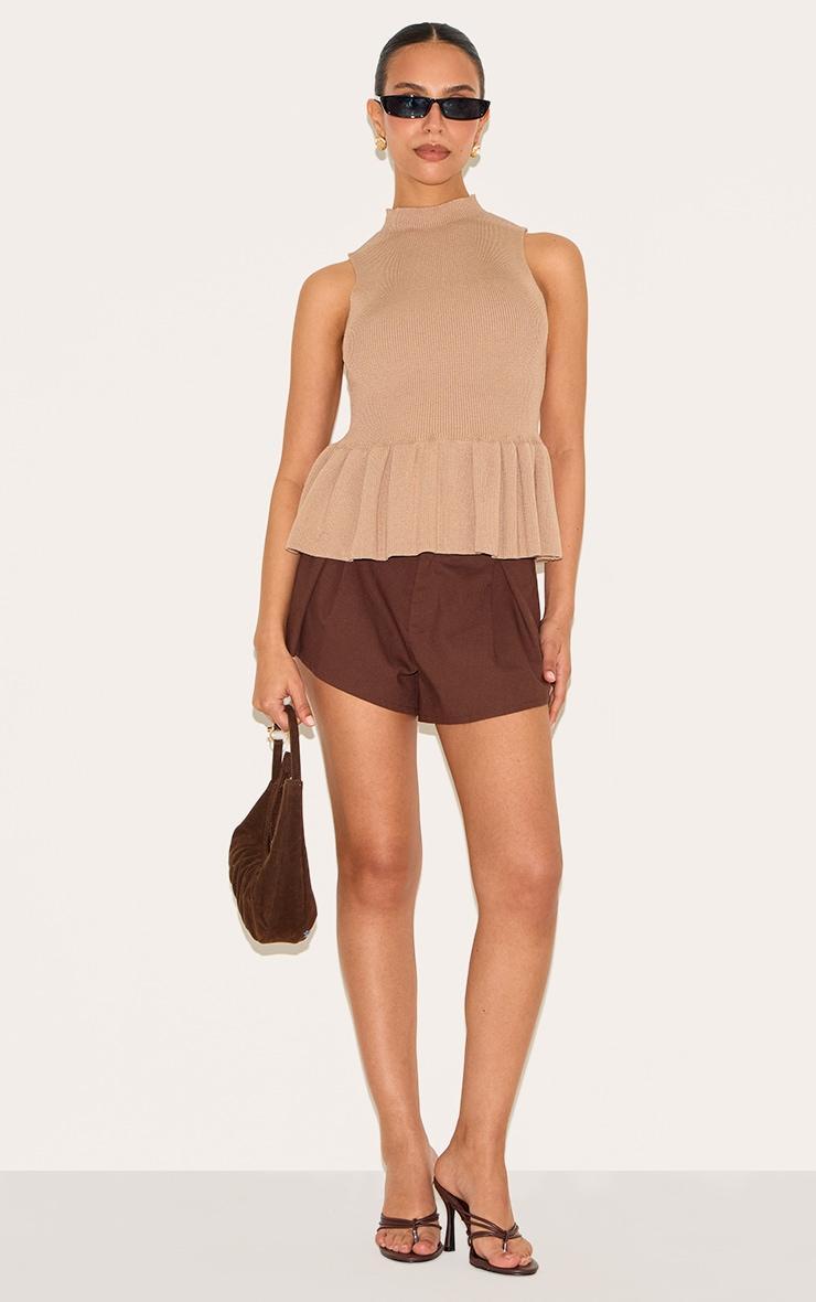 Petite Taupe Knitted High Neck Peplum Hem Long Top Product Image