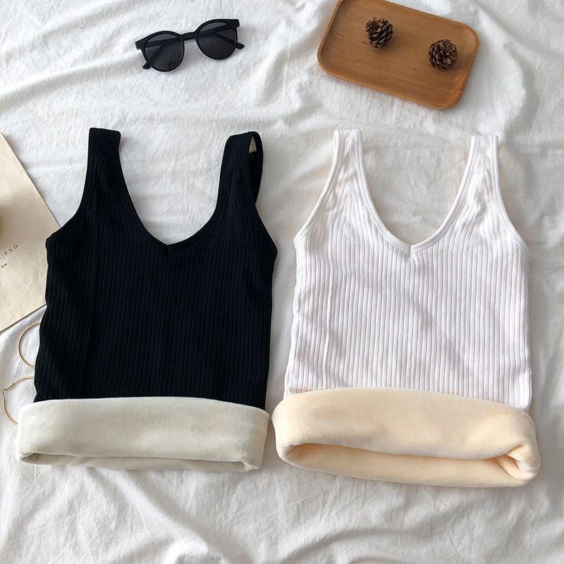 V-Neck Plain Ribbed Fleece-Lined Slim Fit Tank Top Product Image