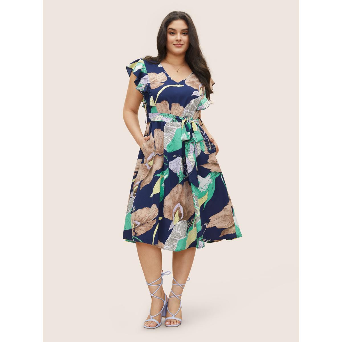 Plus Size Floral Print Flutter Sleeve Belted Midi Dress DarkBlue Women Elegant Non V-neck Cap Sleeve Curvy Midi Dress BloomChic 10/M Product Image