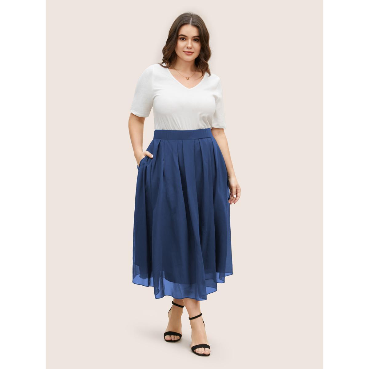 Plus Size Chiffon Solid See Through Tiered Skirt Women Navy Elegant See through No stretch Side seam pocket Everyday Skirts BloomChic 10/M Product Image