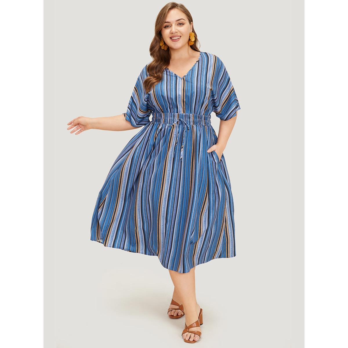 Plus Size Striped Contrast Pocket Knot Shirred Batwing Sleeve Dress Indigo Women Vacation Gathered V-neck Short sleeve Curvy Midi Dress BloomChic 28/5X Product Image