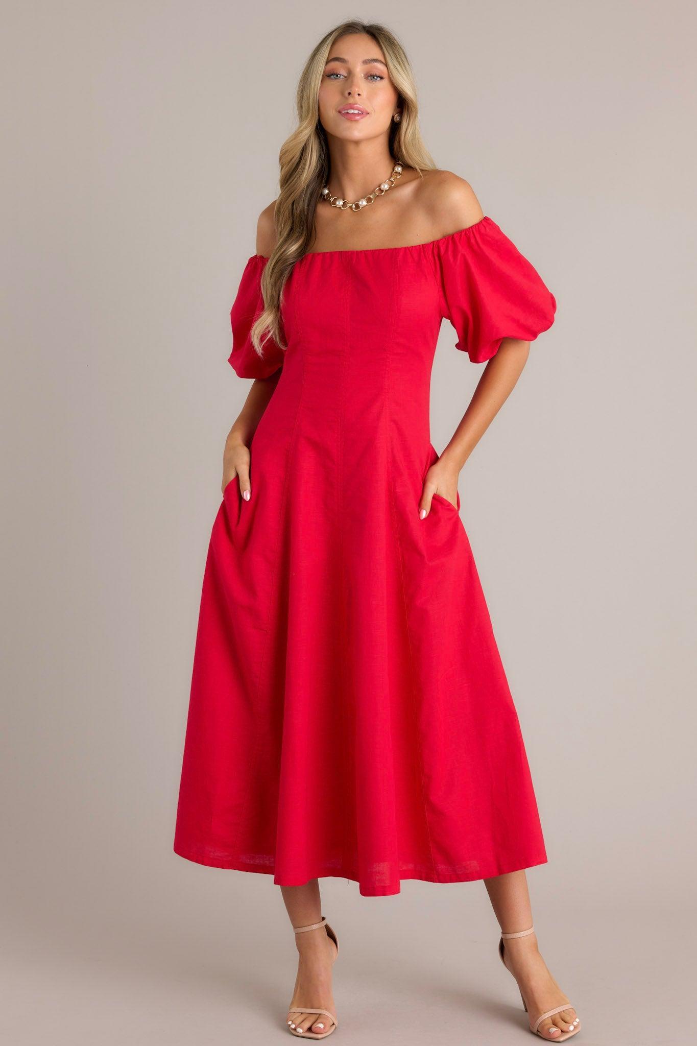 Cascade Couture Red Off Shoulder Midi Dress Product Image