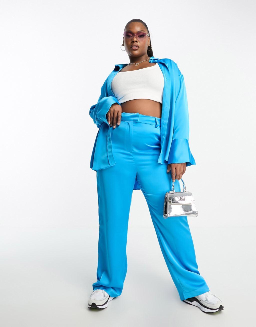 4th & Reckless Plus exclusive satin wide leg pants in electric blue - part of a set Product Image