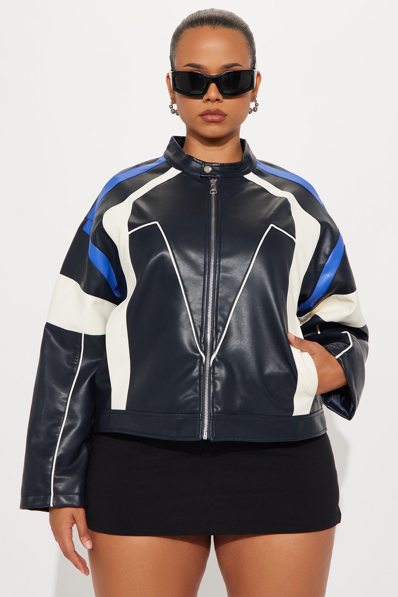 Sasha Faux Leather Moto Jacket - Royal/combo Product Image
