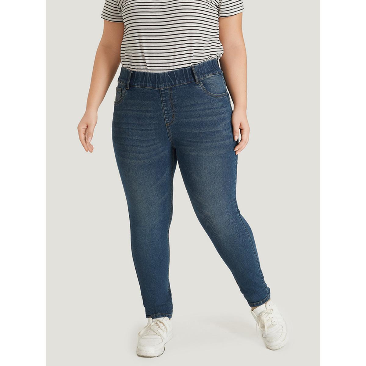 Plus Size Plain Elastic Waist Medium Wash Roll Hem Jeans Women Indigo Casual Plain Plain High stretch Pocket Jeans BloomChic 24/3X Product Image