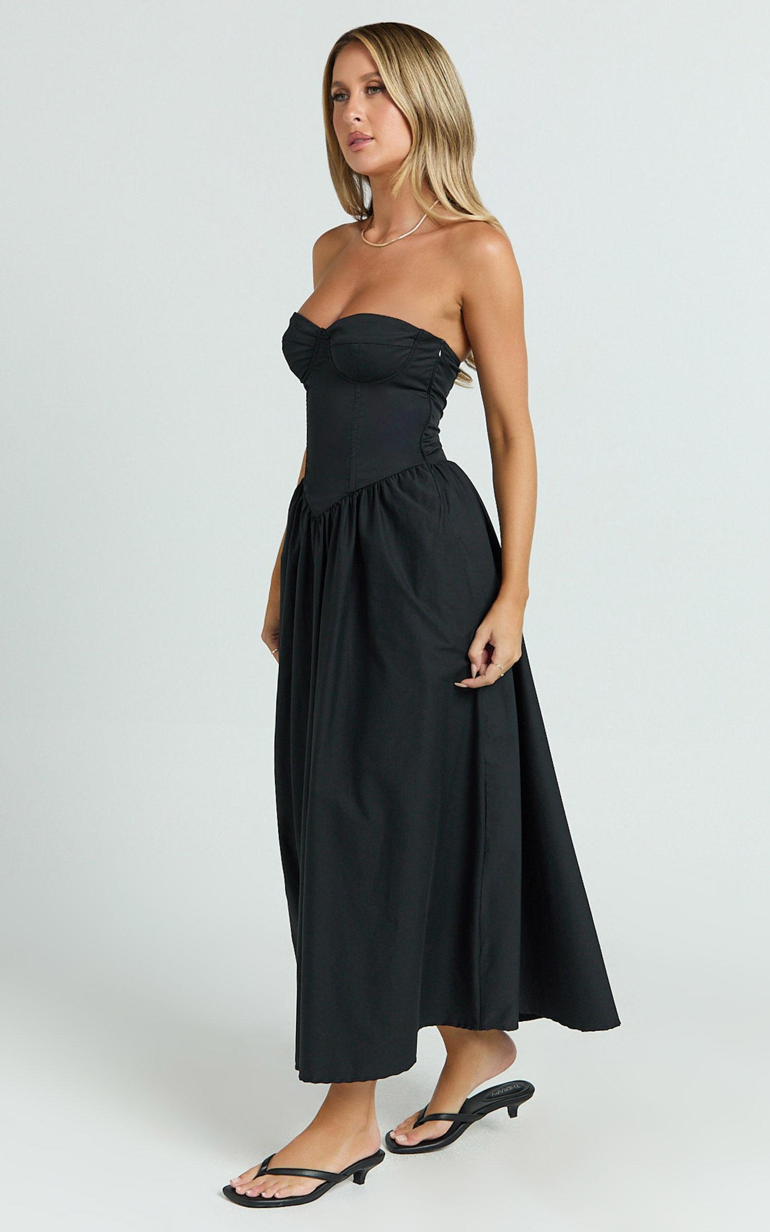 Daria Midi Dress - Strapless Corset Gathered Dress in Black Product Image