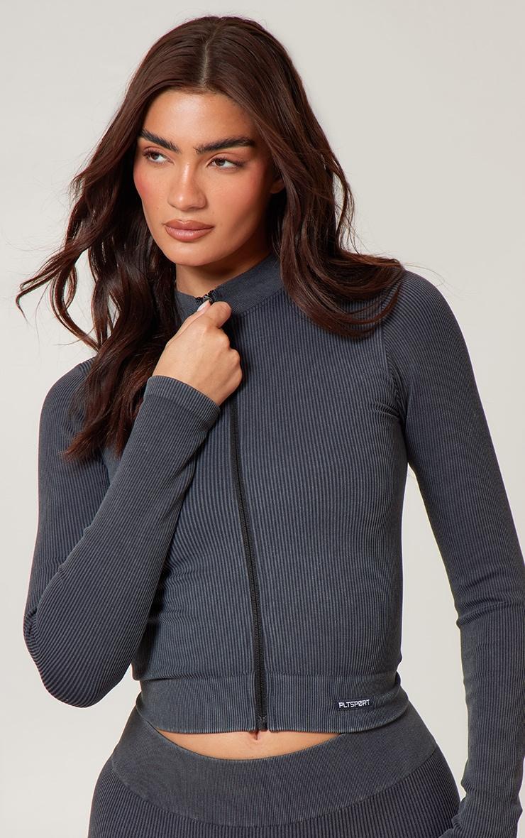 Charcoal Acid Wash Seamless Ribbed Zip Up Cropped Sports Jacket Product Image