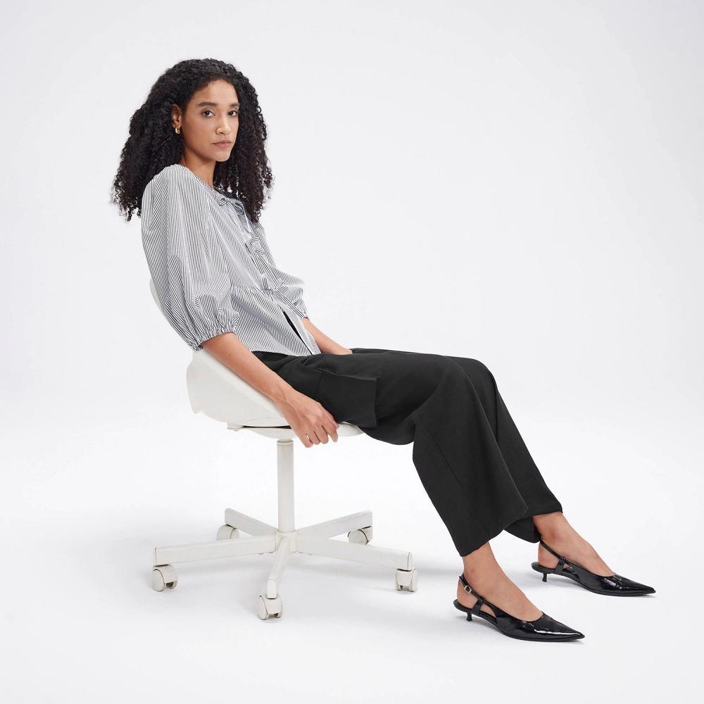 Women's Balloon 3/4 Sleeve Tie-Front Blouse - A New Day™ Black Striped XL Product Image
