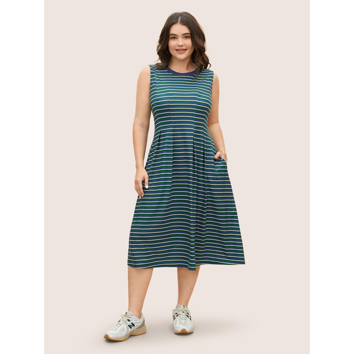 Plus Size Contrast Striped Pleated Pocket Tank Dress Mediumblue Women Casual Contrast Round Neck Sleeveless Curvy BloomChic 26/4X Product Image