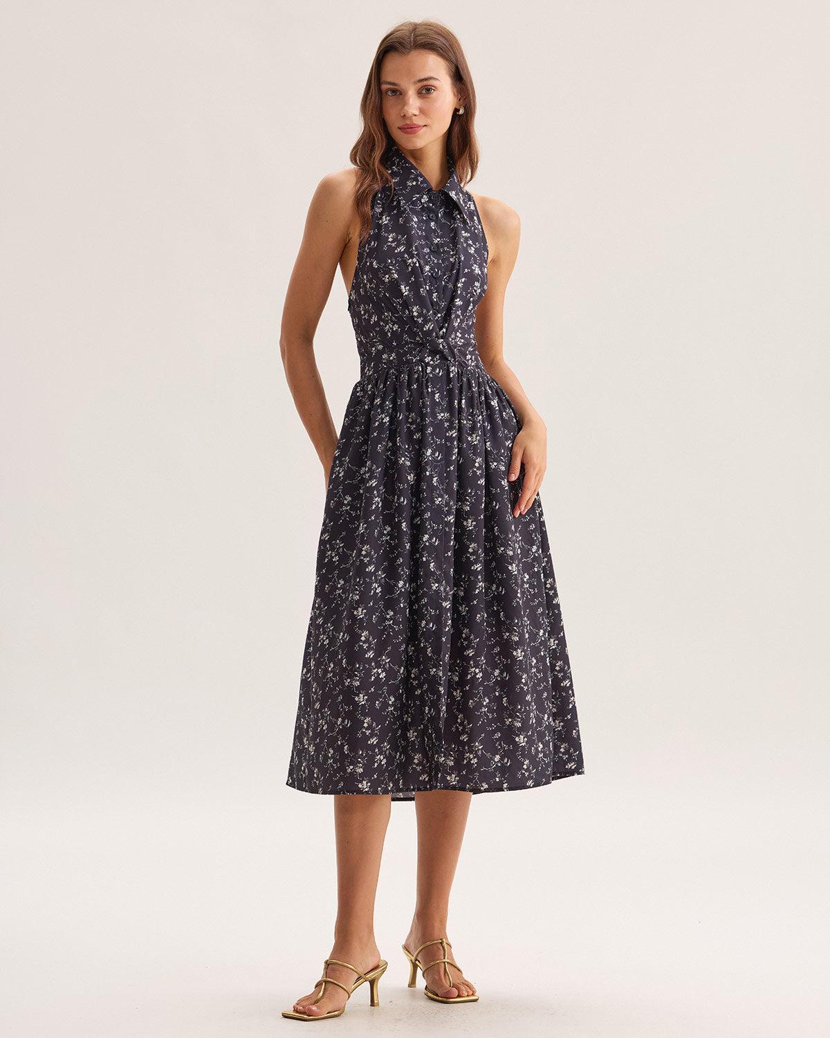 Black Floral Shirred Backless Midi Dress Product Image