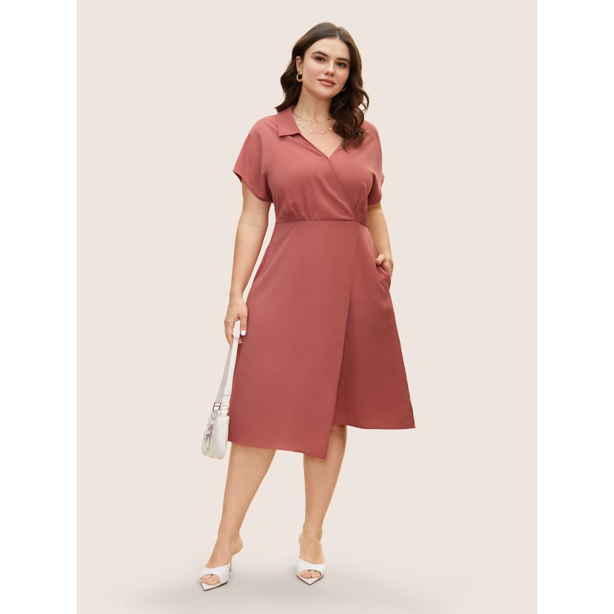 Plus Size Anti-Wrinkle Solid Shirt Collar Wrap Hem Dress Salmon Women At the Office Asymmetrical Shirt collar Short sleeve Curvy BloomChic 22-24/3X Product Image