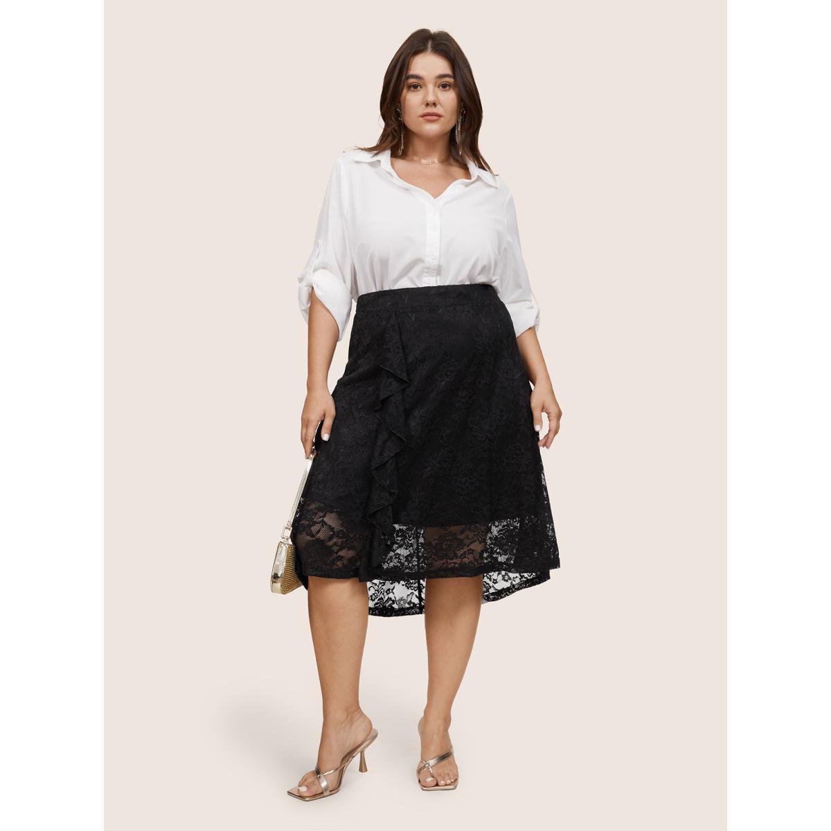 Plus Size Guipure Lace Elastic Waist Asymmetrical Ruffles Skirt Women Black At the Office Lined No stretch Work Skirts BloomChic 12/L Product Image