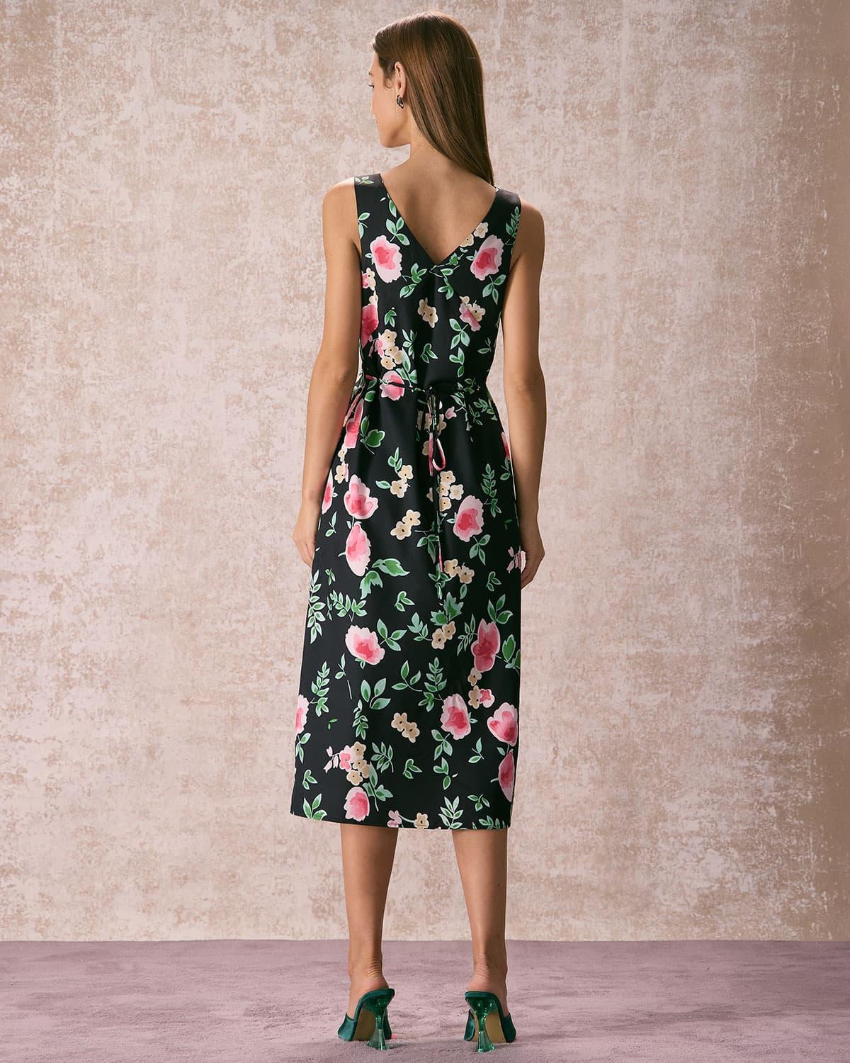 The Black V Neck Tie Back Floral Midi Dress Product Image