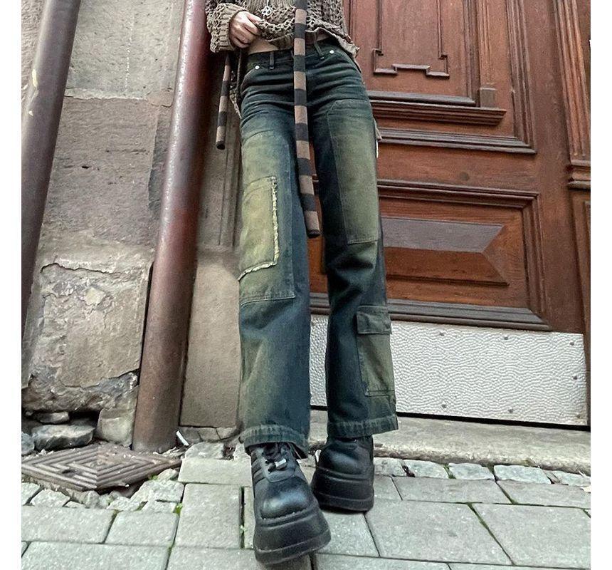 Low Waist Vintage Washed Slim-Fit Boot-Cut Jeans Product Image