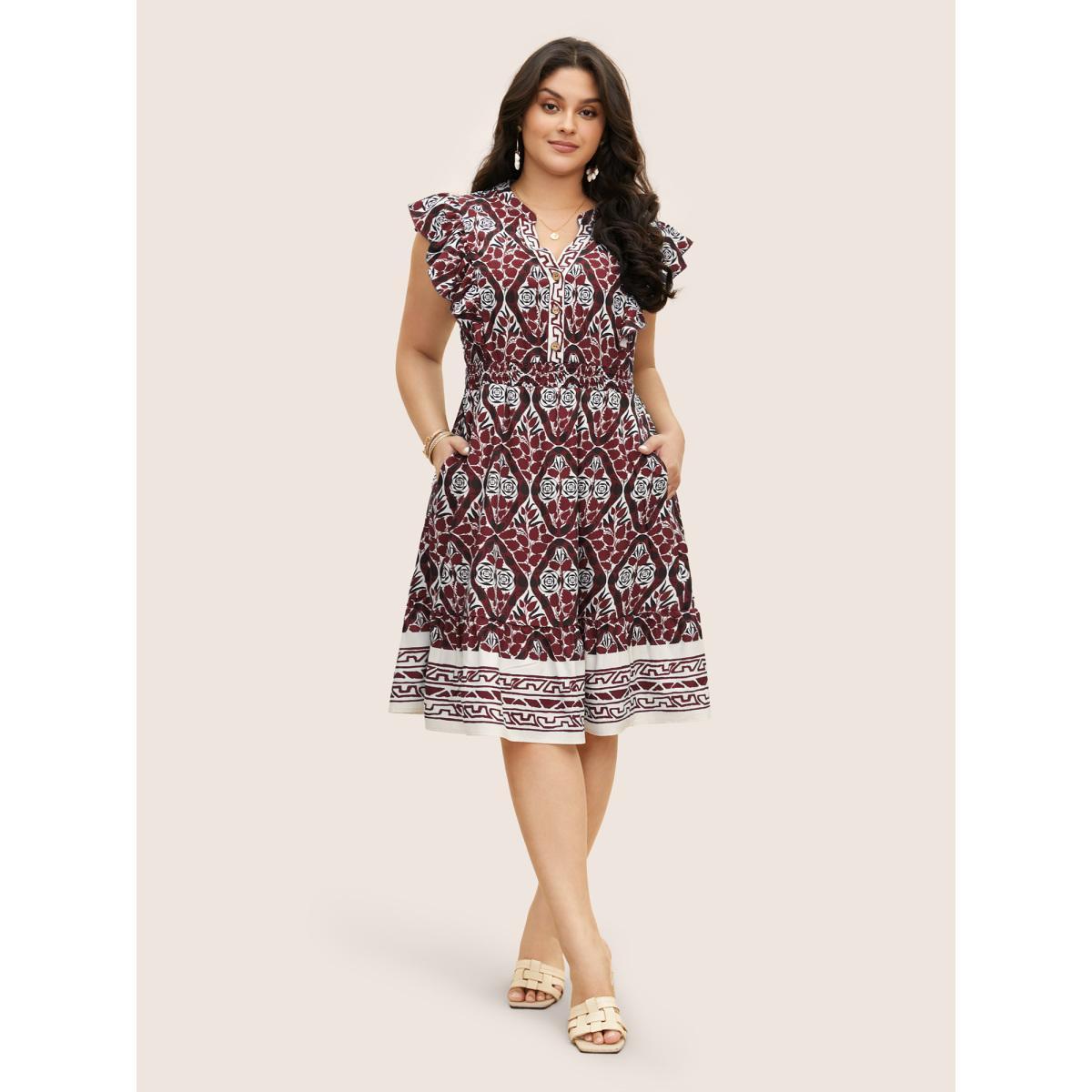 Plus Size Boho Print Ruffles Shirred Pocket Elastic Waist Dress Scarlet Women Resort Non Notched collar Cap Sleeve Curvy Midi Dress BloomChic 26/4X Product Image