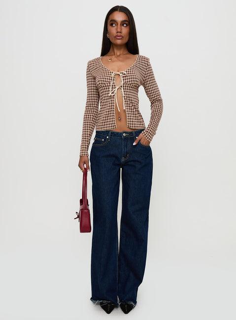 Maemi Long Sleeve Tie Up Top Brown Check Product Image