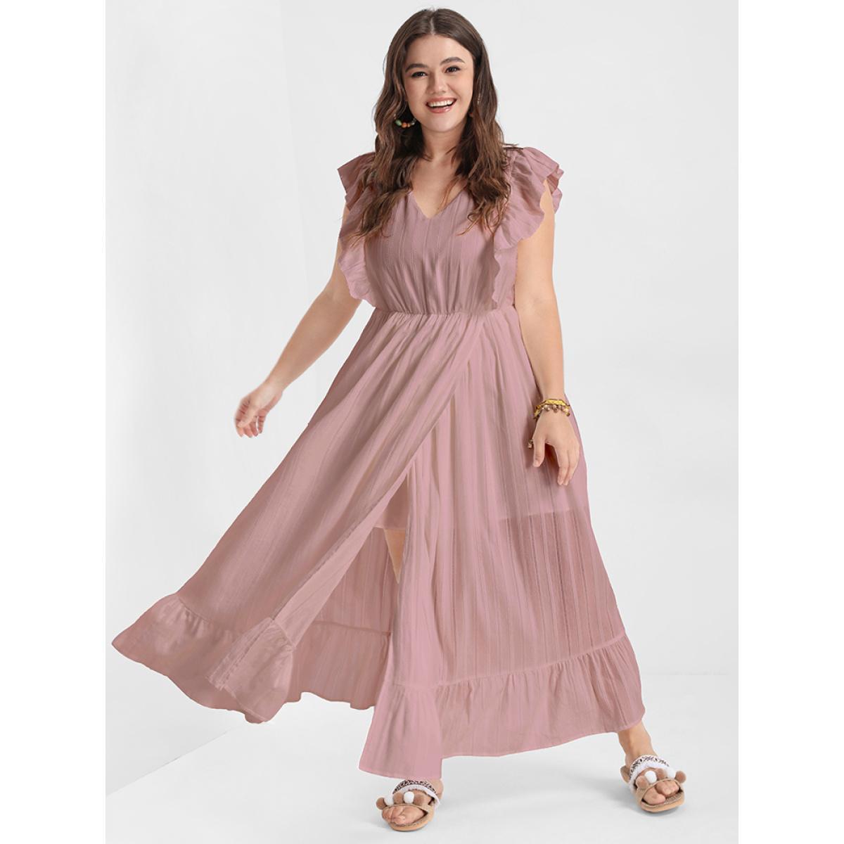 Plus Size Solid V Neck Ruffles Split Pocket Maxi Dress DustyPink Women Elegant Pocket V-neck Cap Sleeve Curvy Long Dress BloomChic 18-20/2X Product Image