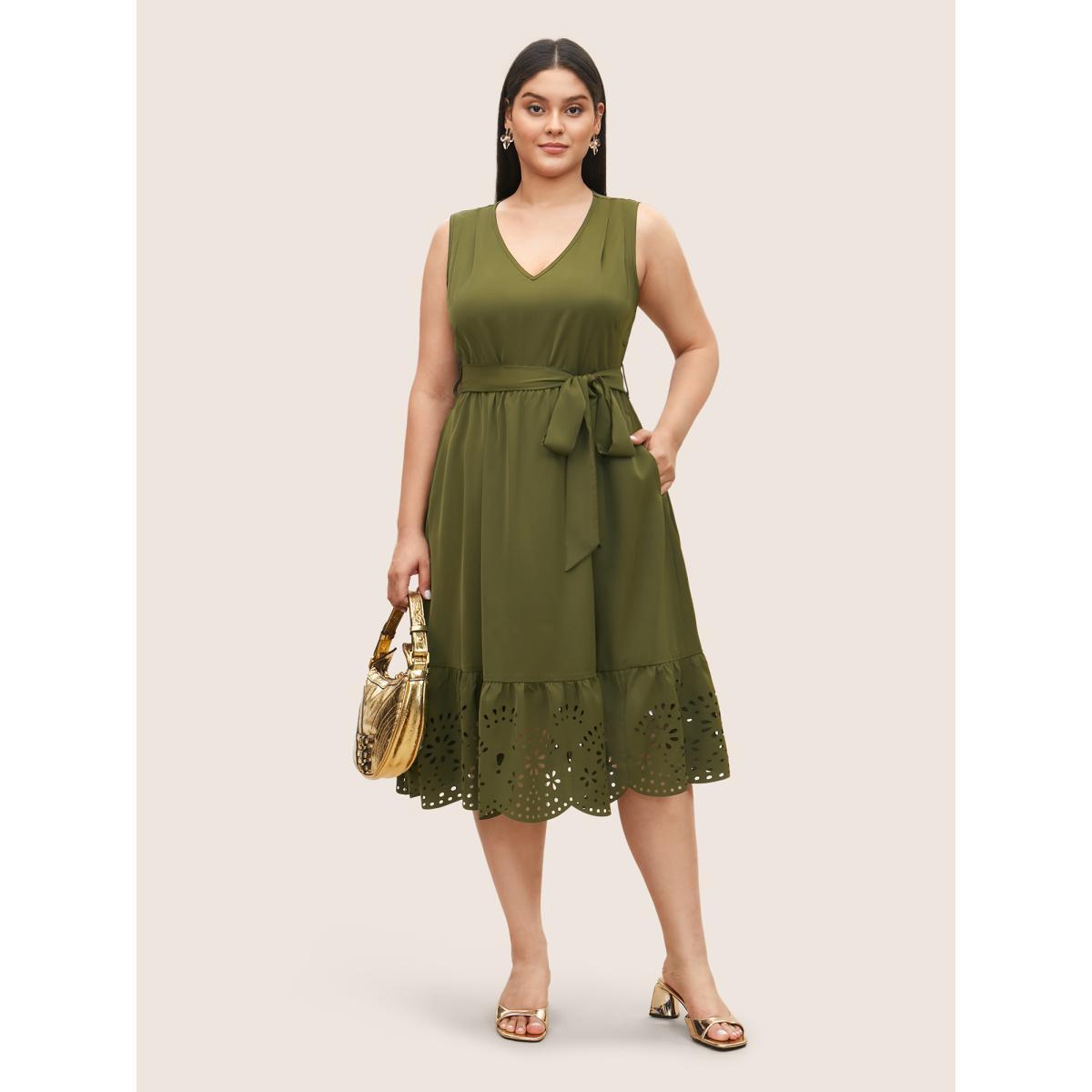 Plus Size Plain Laser Cut Belted Gathered Dress ArmyGreen Women At the Office Gathered V-neck Sleeveless Curvy Midi Dress BloomChic 10/M Product Image