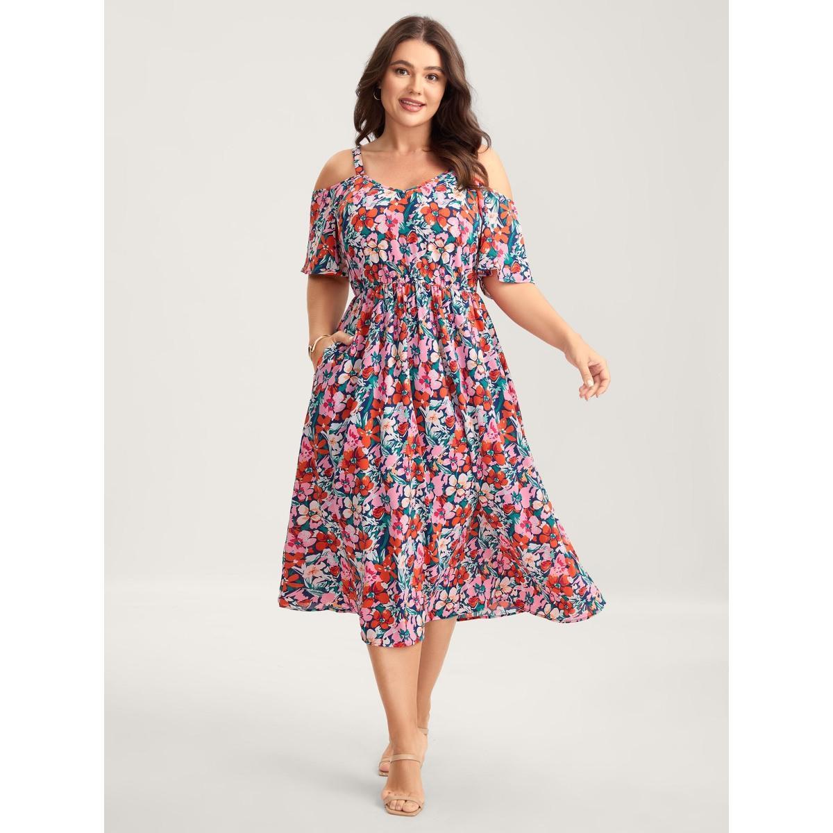 Plus Size Floral Print Off-Shoulder Pockets Midi Dress DarkBlue Women Heart neckline Short sleeve Curvy BloomChic 14-16/1X Product Image