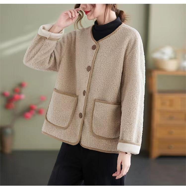 Plain Contrast Trim Faux Shearling Single-Breasted Jacket Product Image