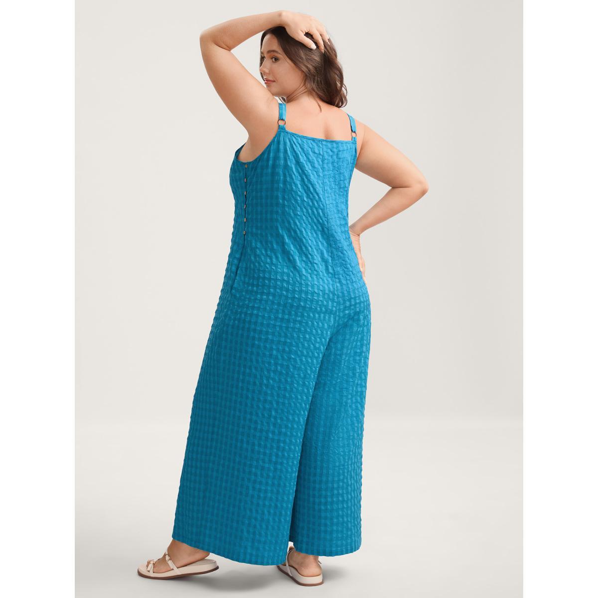 Plus Size Cerulean Textured Plaid Pleated Cami Jumpsuit Women Sleeveless Square Neck Everyday-Casual Loose Jumpsuits BloomChic 28/5X Product Image