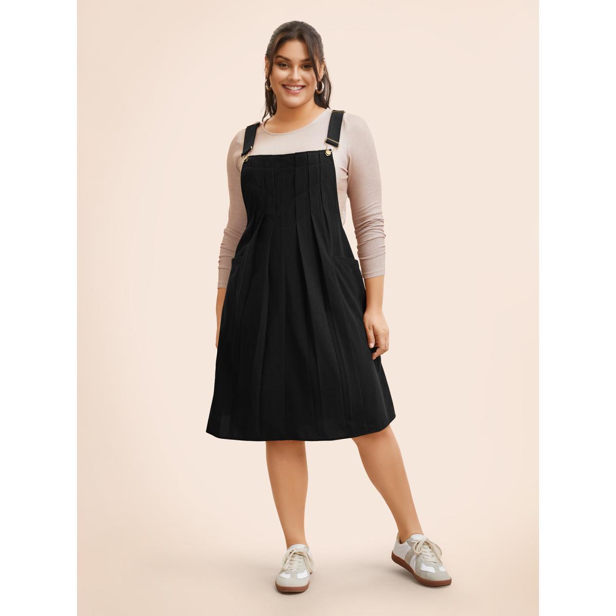 Plus Size Solid Corduroy Pleated Overall Dress Black Women Casual Texture Non Sleeveless Curvy BloomChic 30/6X Product Image