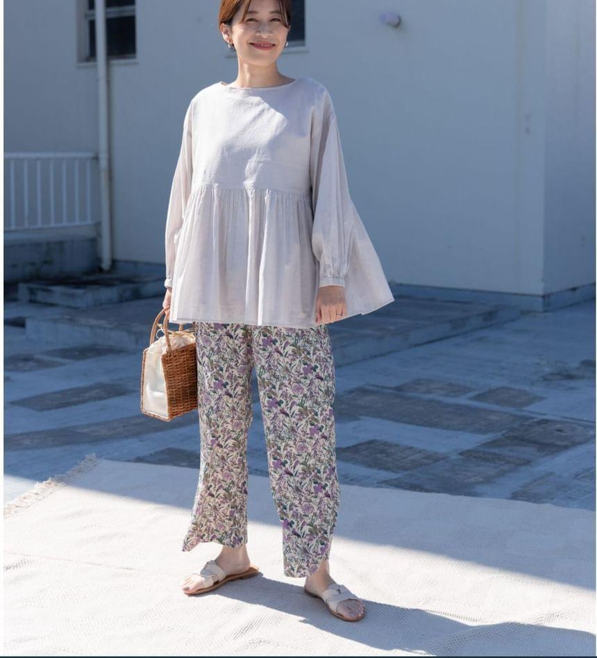Long-Sleeve Round Neck Plain Peplum Blouse Product Image